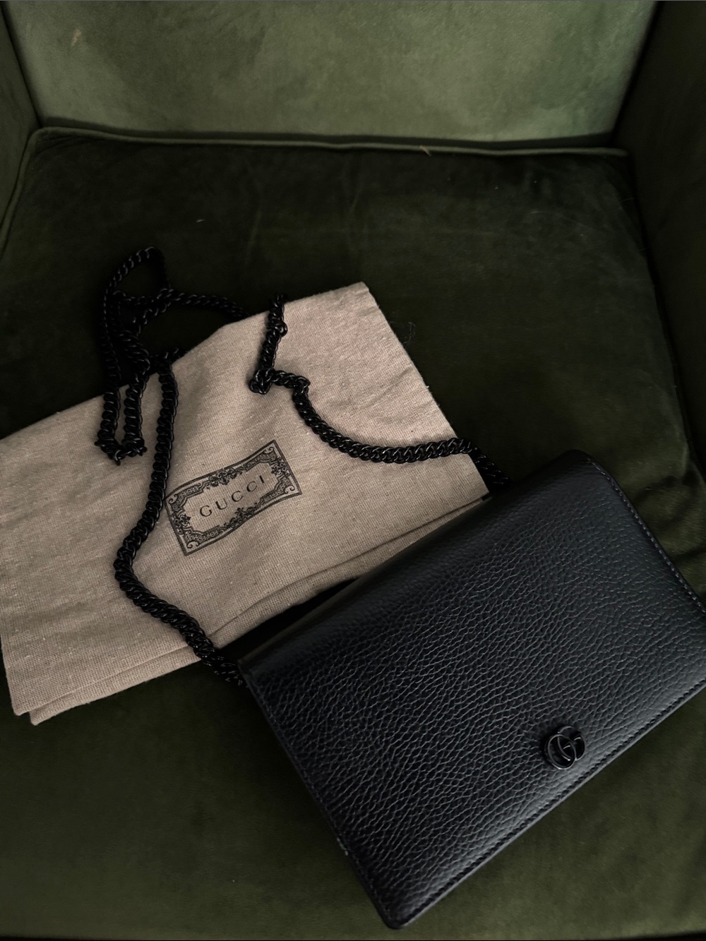 Gucci Black Pebbled Leather Chain Crossbody Wallet